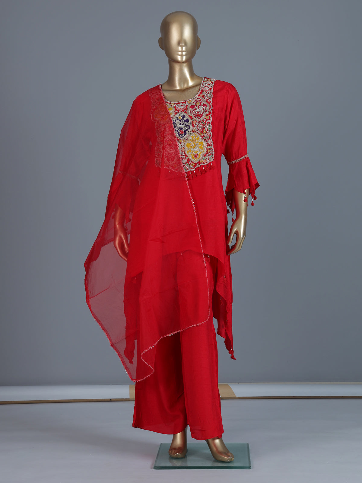 Red slub silk indo-western palazzo suit with dupatta