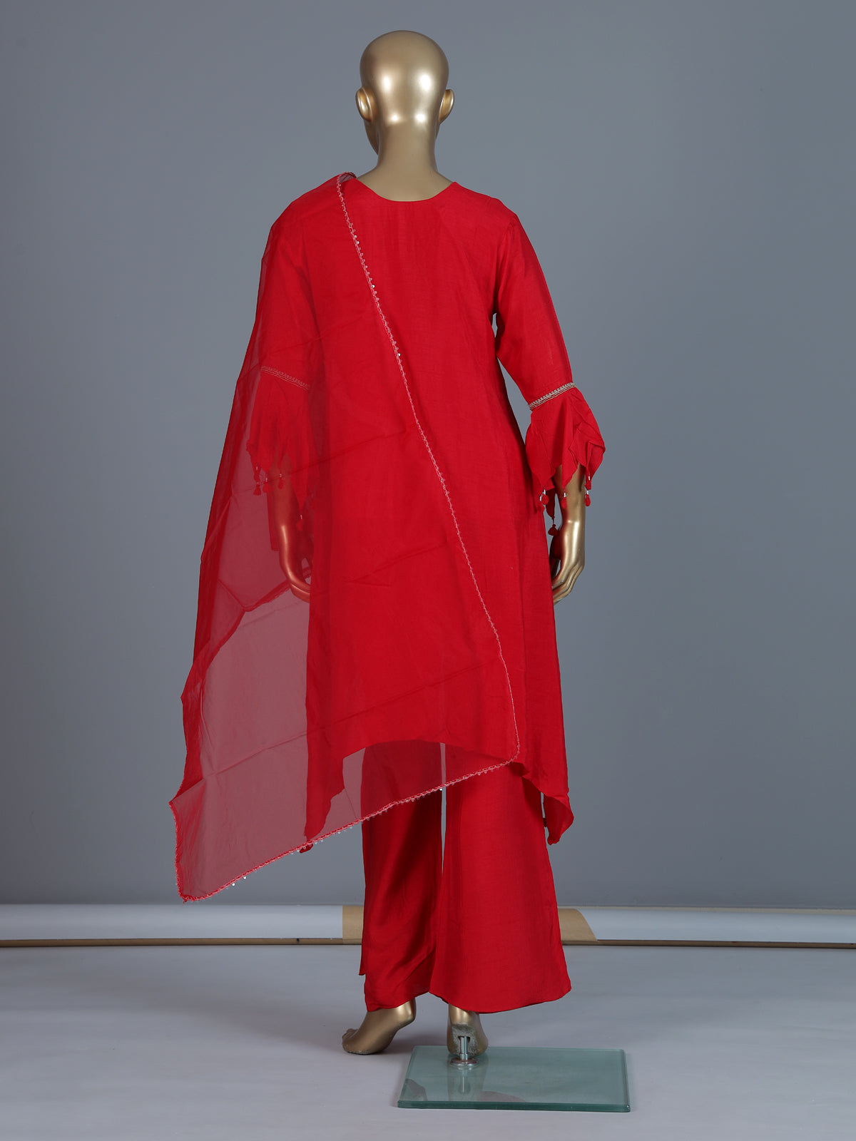 Red slub silk indo-western palazzo suit with dupatta
