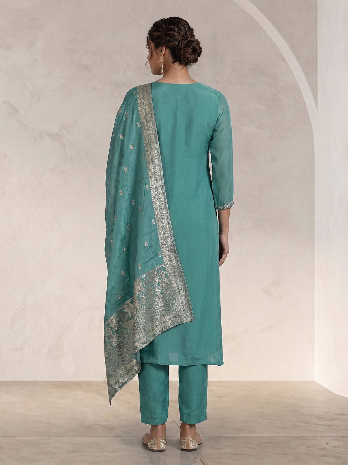 Green georgette silk mirror work palazzo suit ensemble