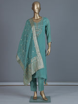 Green georgette silk mirror work palazzo suit ensemble