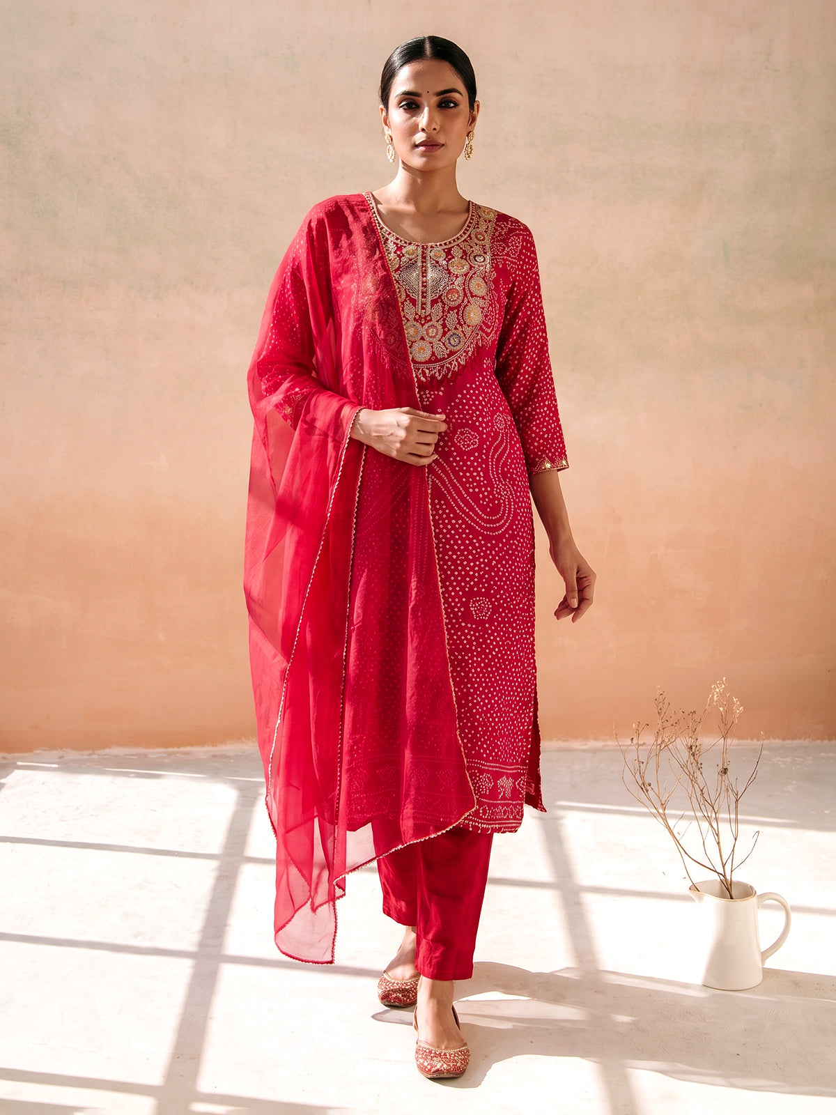 Rani pink bandhani printed straight salwar suit collection