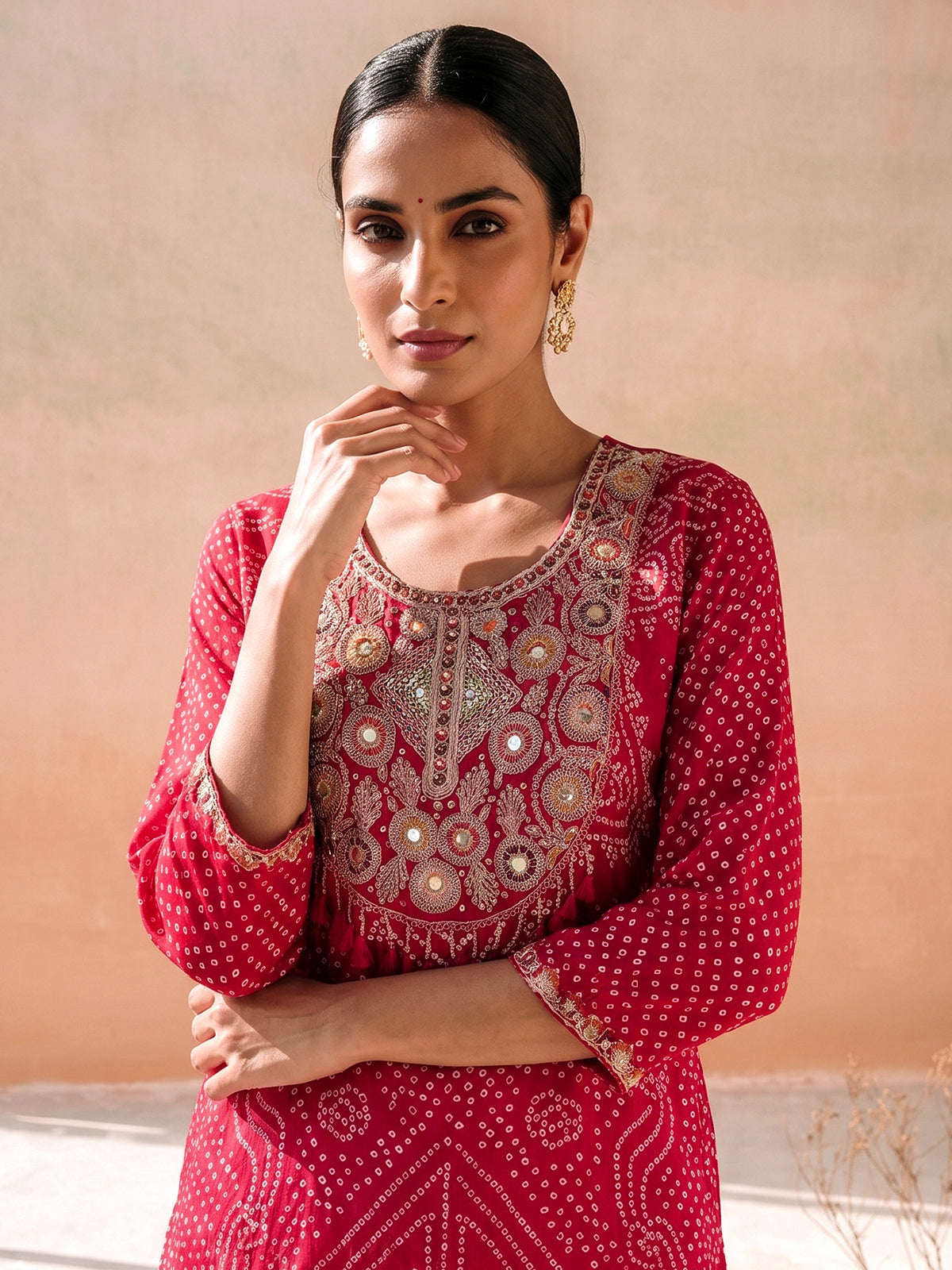 Rani pink bandhani printed straight salwar suit collection