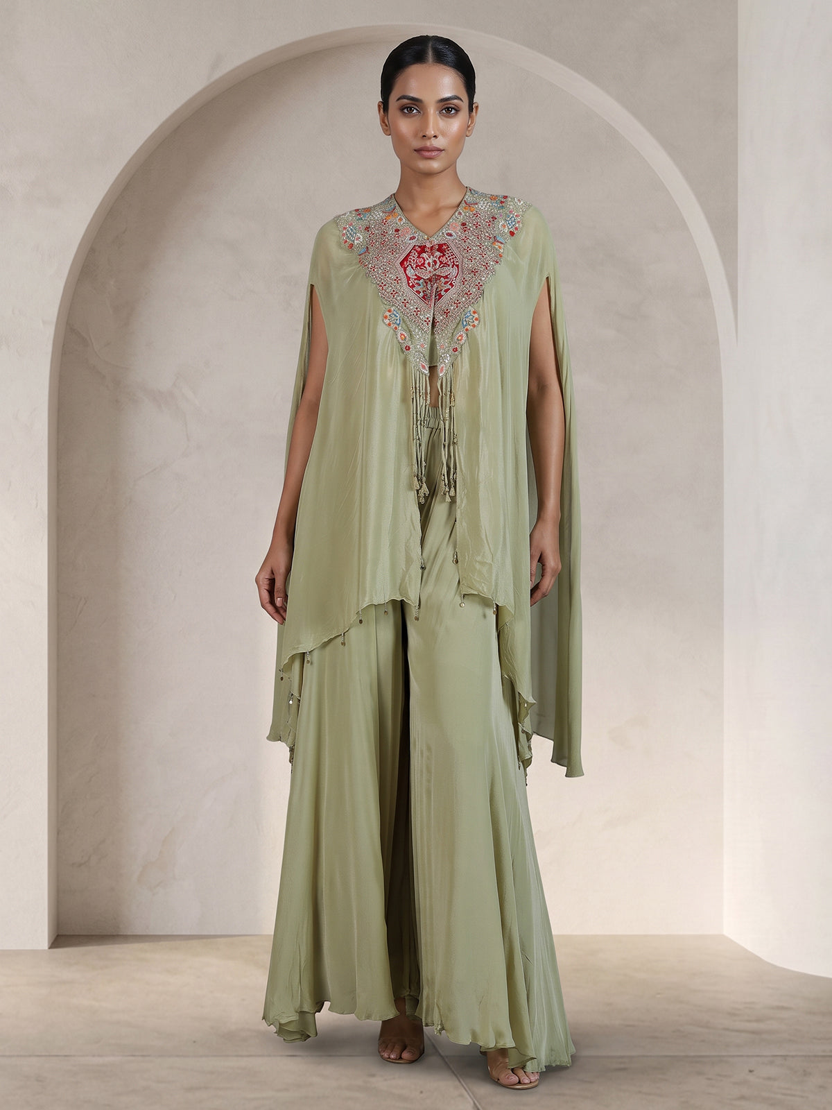 Sea green silk cape style sharara suit ensemble
