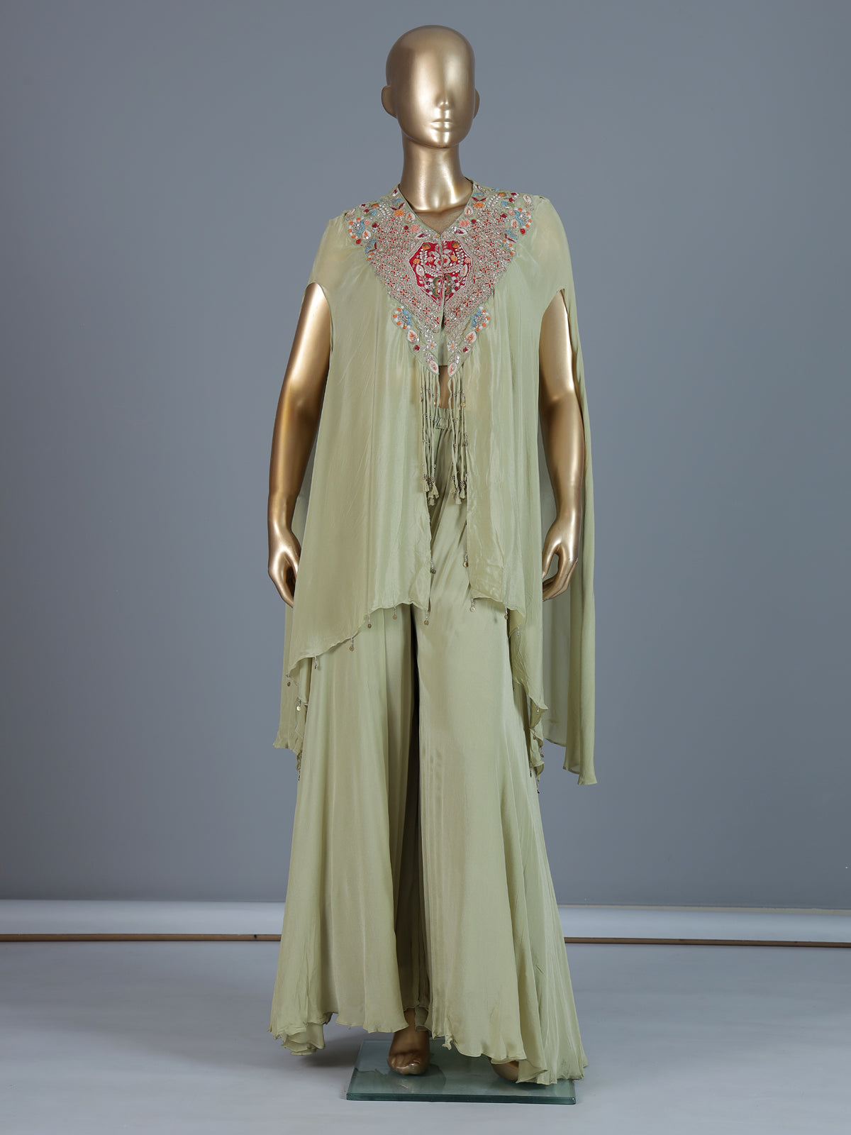 Sea green silk cape style sharara suit ensemble