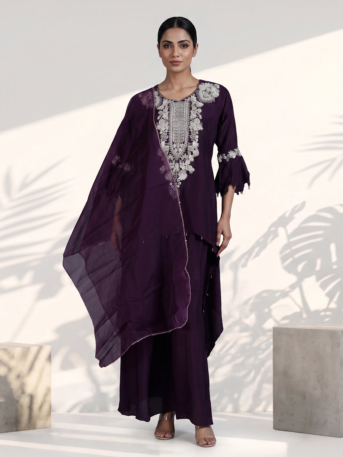 Wine cotton silk fusion palazzo suit with dupatta