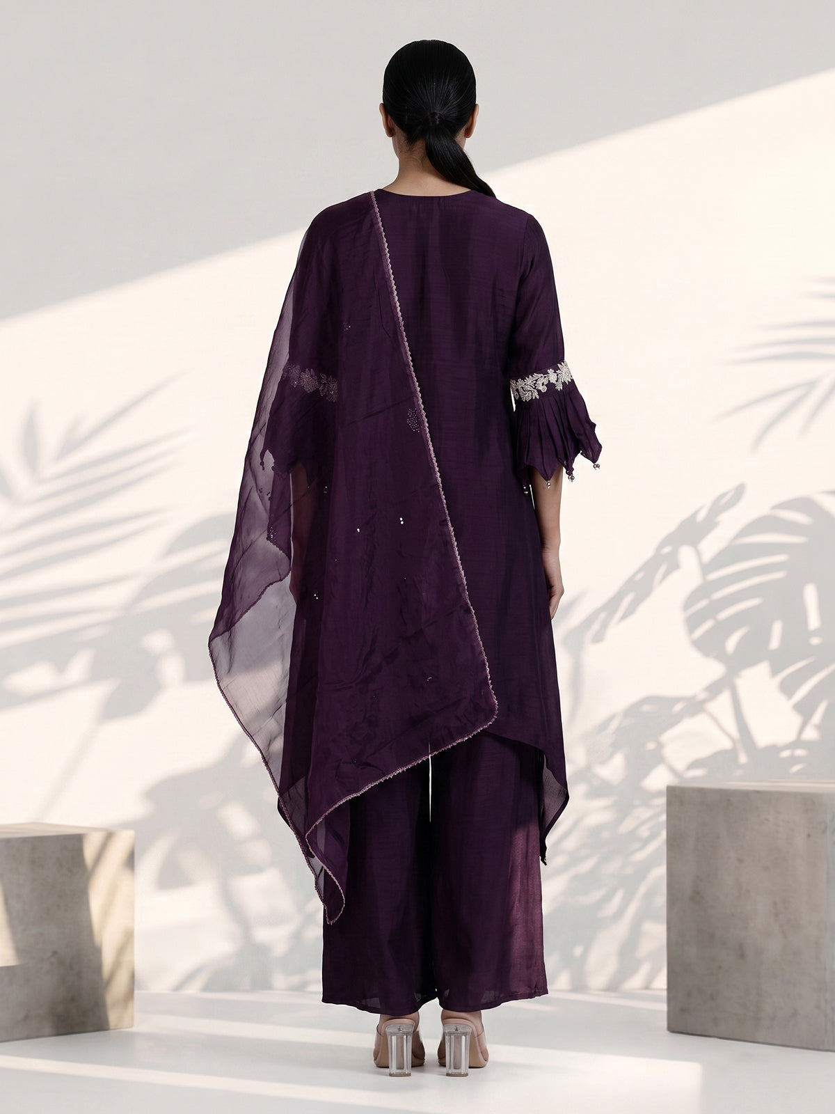 Wine cotton silk fusion palazzo suit with dupatta