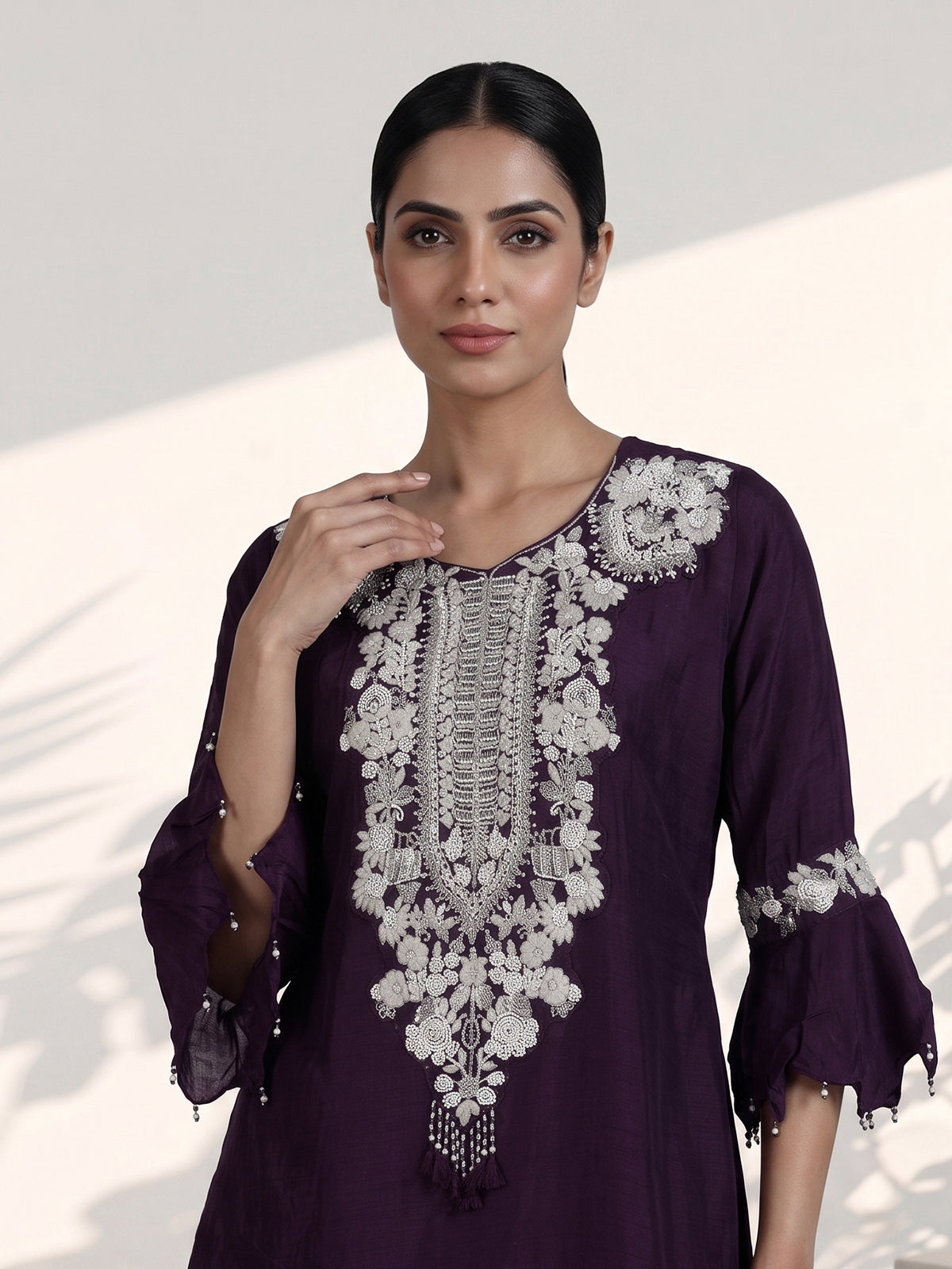 Wine cotton silk fusion palazzo suit with dupatta