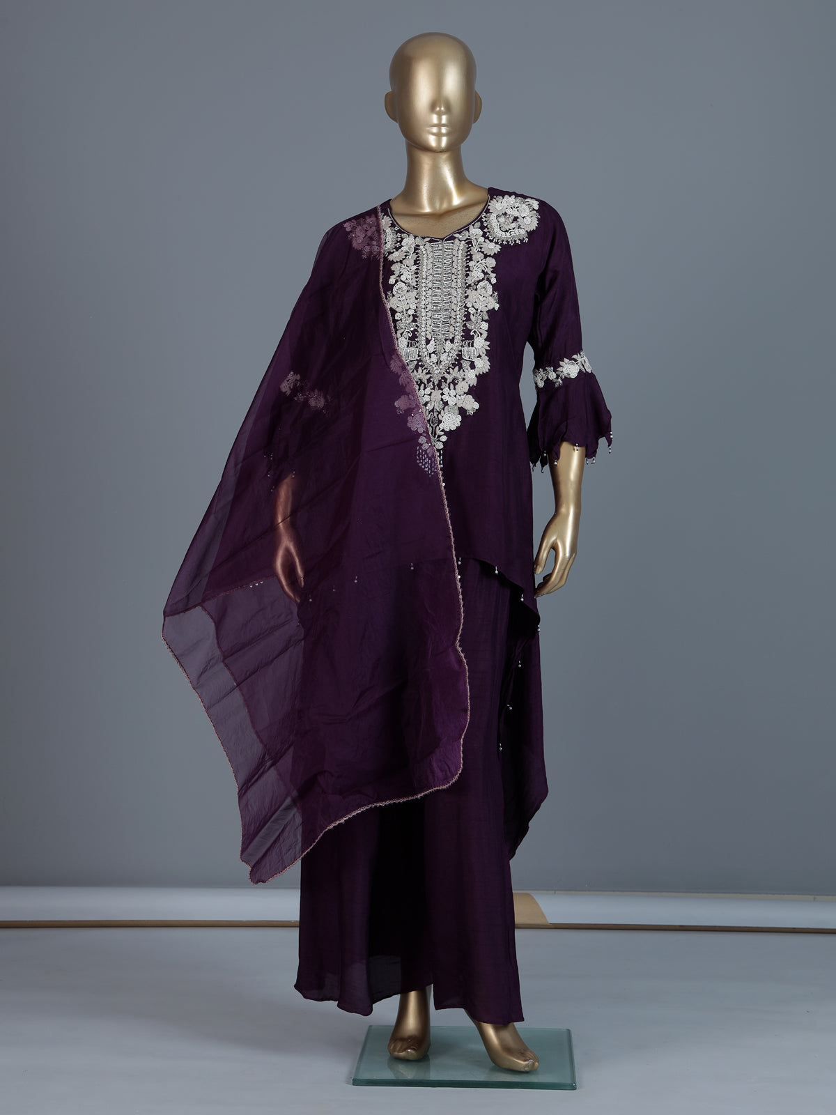 Wine cotton silk fusion palazzo suit with dupatta