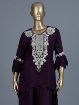 Wine cotton silk fusion palazzo suit with dupatta