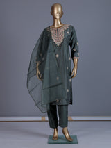 Dark green embroidered slub silk straight salwar suit