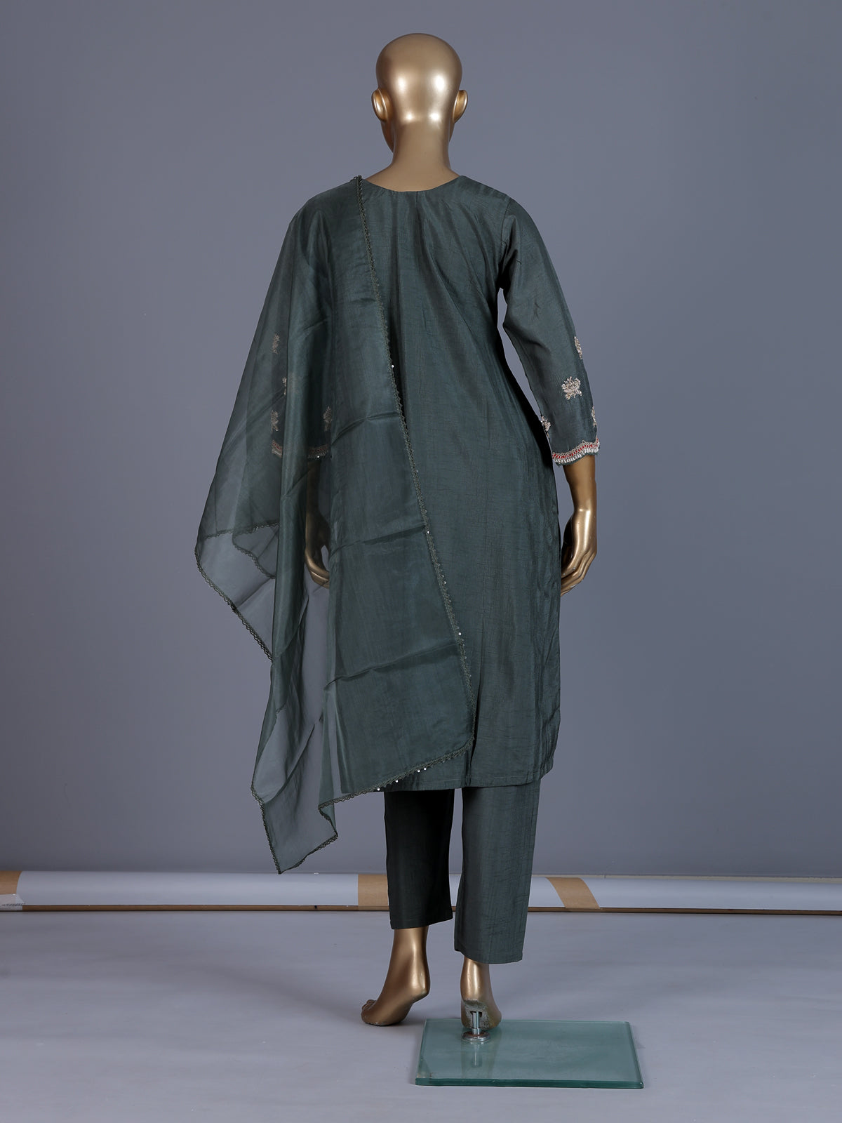 Dark green embroidered slub silk straight salwar suit