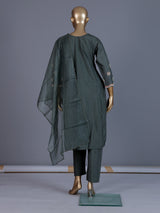 Dark green embroidered slub silk straight salwar suit