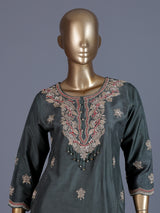 Dark green embroidered slub silk straight salwar suit