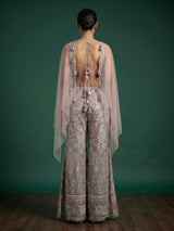 Peach silk embroidered indo western sharara suit with choker