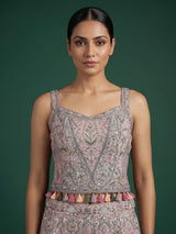 Peach silk embroidered indo western sharara suit with choker