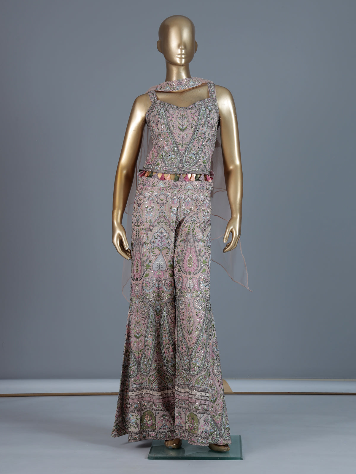 Peach silk embroidered indo western sharara suit with choker