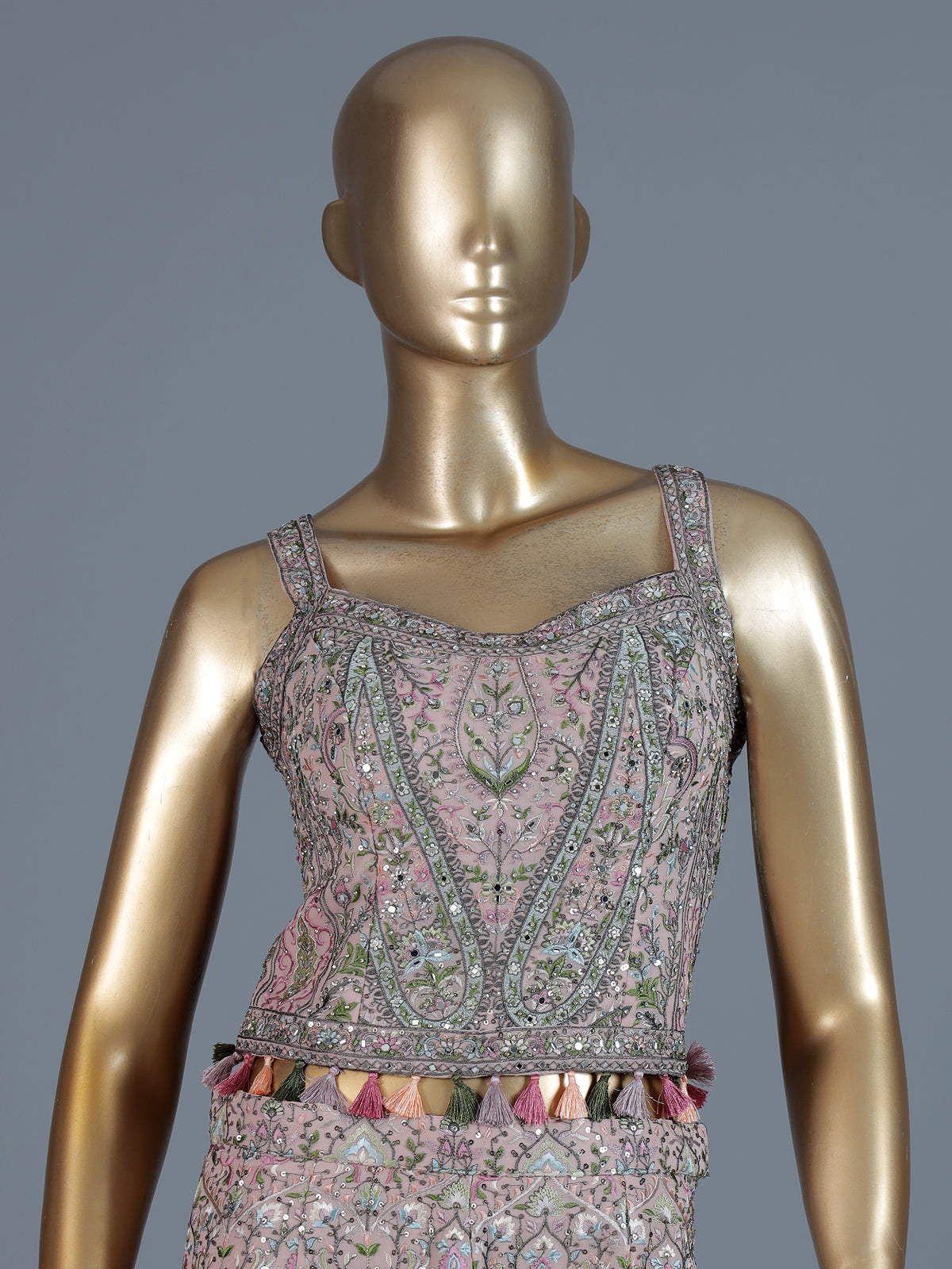 Peach silk embroidered indo western sharara suit with choker