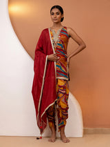 Multicolour printed chinon silk dhoti suit with dupatta