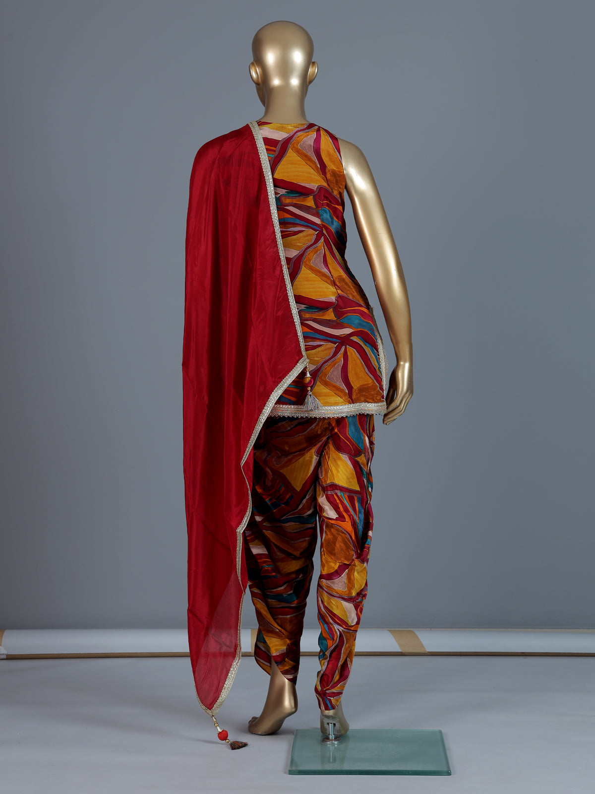 Multicolour printed chinon silk dhoti suit with dupatta