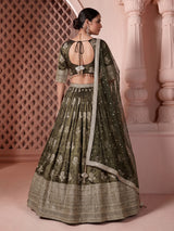 Olive shimmer silk mirror work lehenga choli