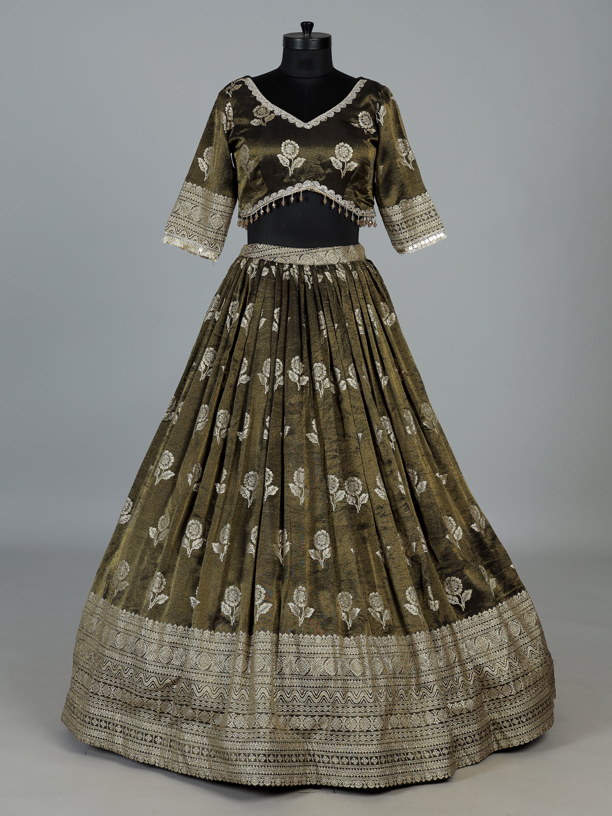 Olive shimmer silk mirror work lehenga choli