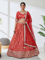 Rust shimmer silk mirror embroidered lehenga choli