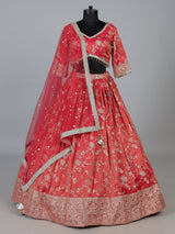 Rust shimmer silk mirror embroidered lehenga choli