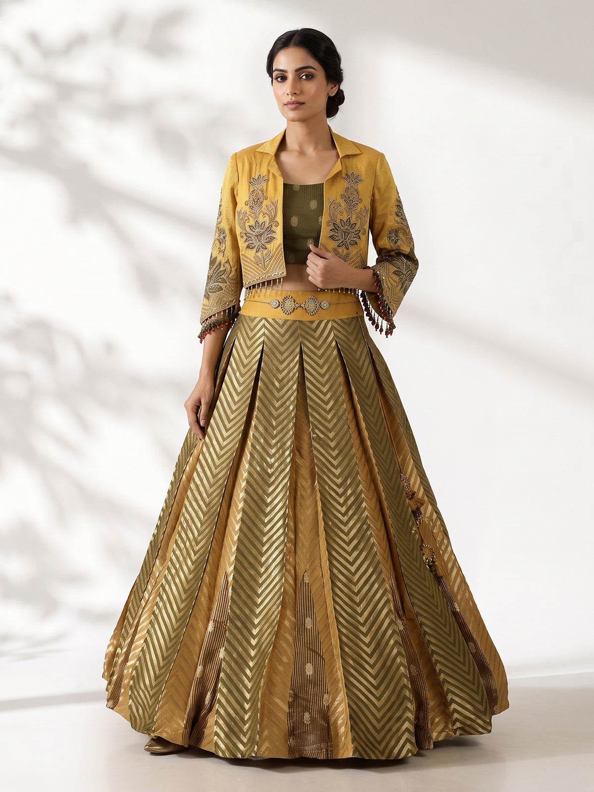 Yellow designer brocade silk jacket lehenga choli