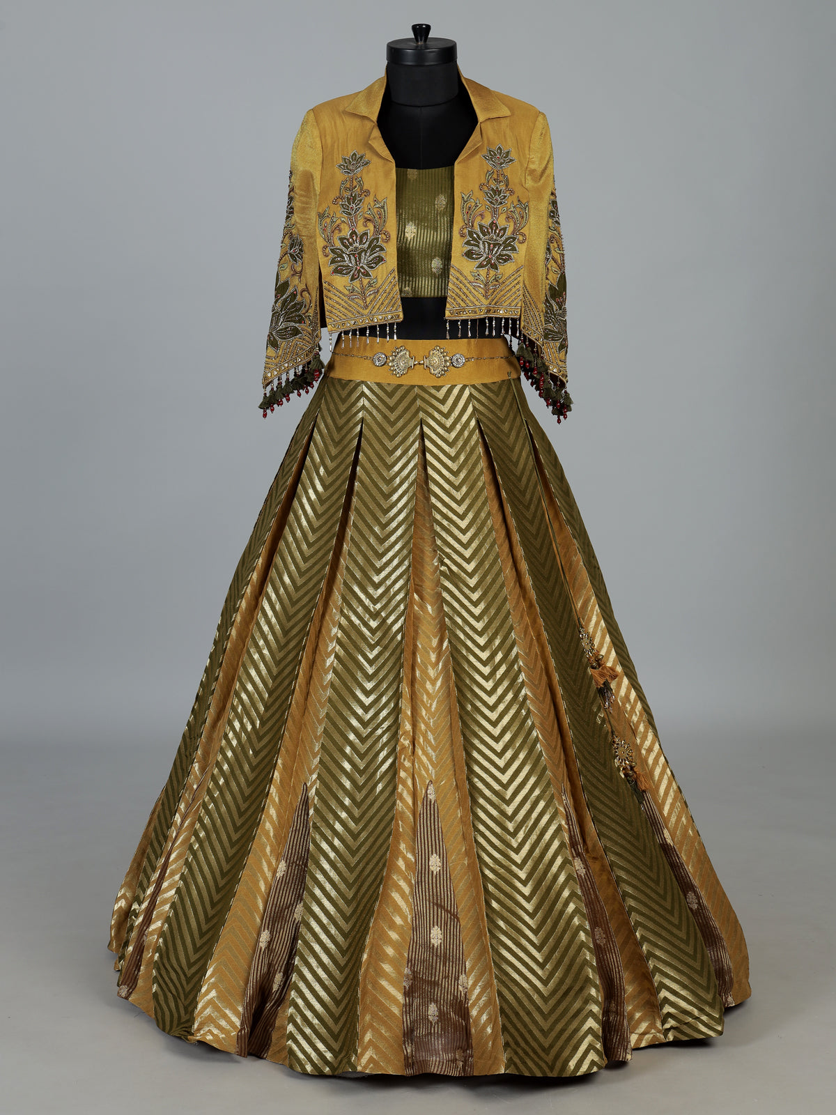 Yellow designer brocade silk jacket lehenga choli