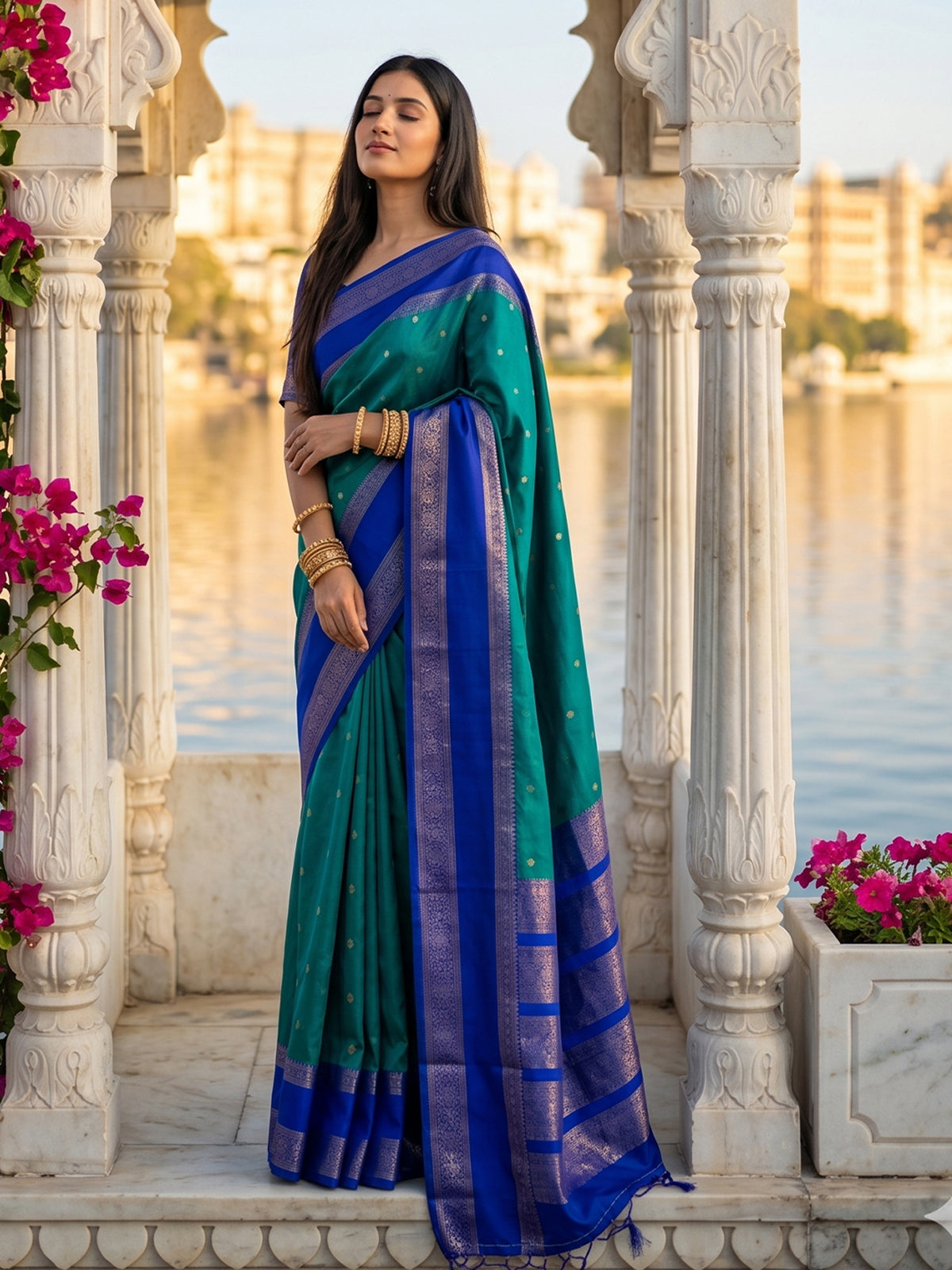 Sophisticated teal blue soft silk saree with navy pallu