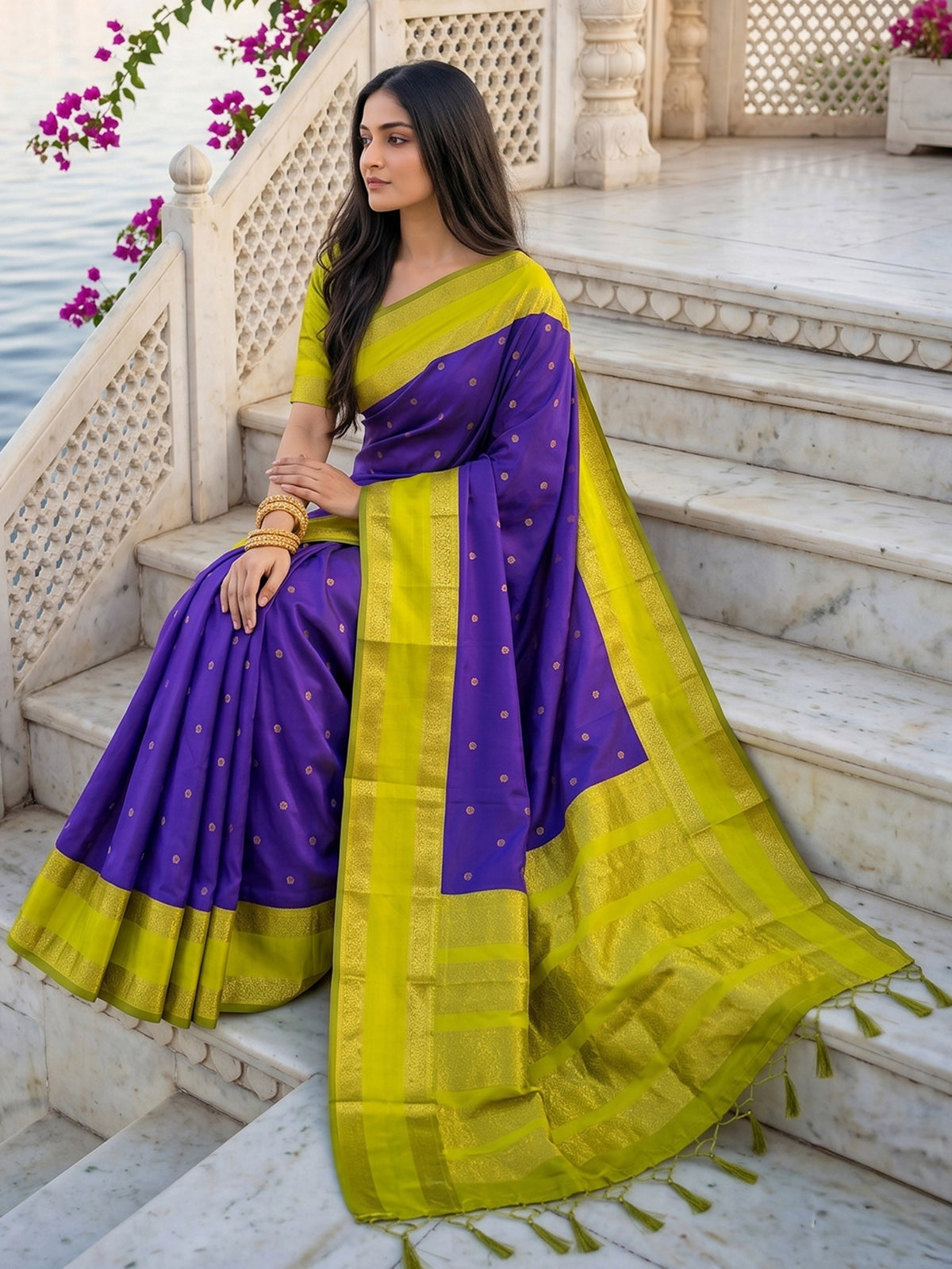 Regal purple soft silk saree with contrast green pallu