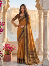 Royal mustard yellow soft silk saree with brown pallu