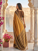 Royal mustard yellow soft silk saree with brown pallu