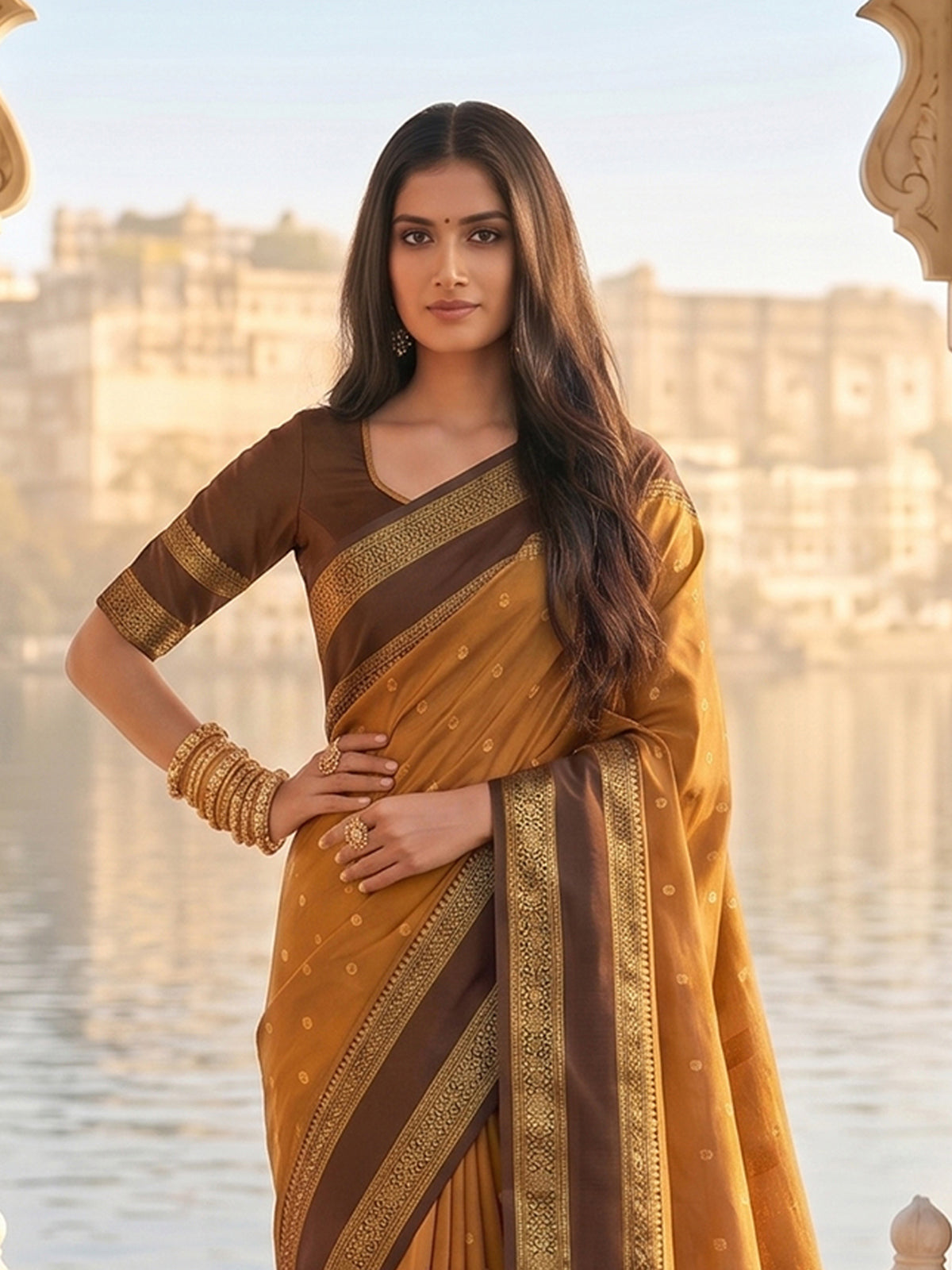 Royal mustard yellow soft silk saree with brown pallu