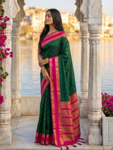 Elegant green soft silk saree with pink zari border