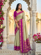 Graceful sage green soft silk saree with contrast magenta pallu