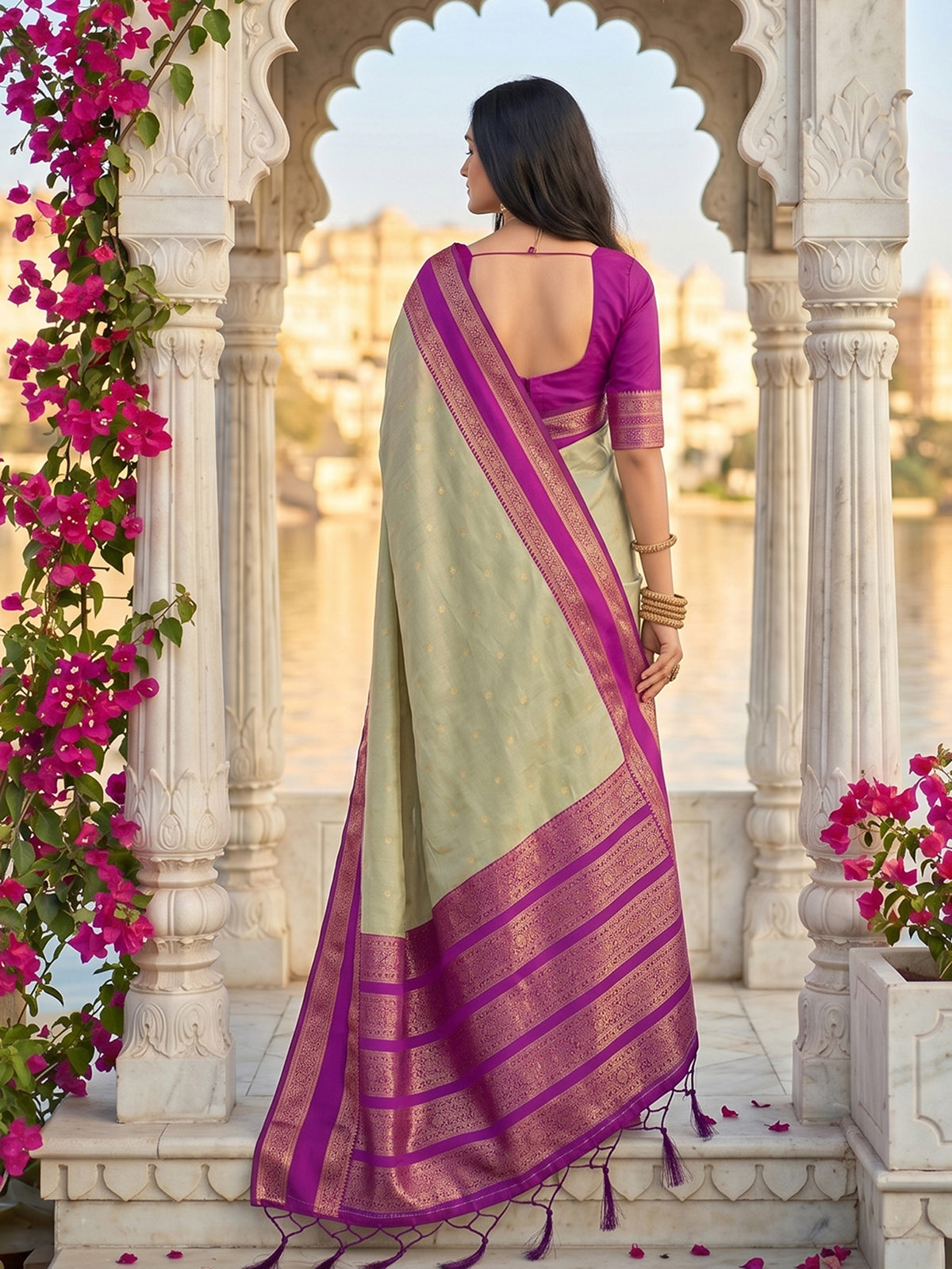 Graceful sage green soft silk saree with contrast magenta pallu