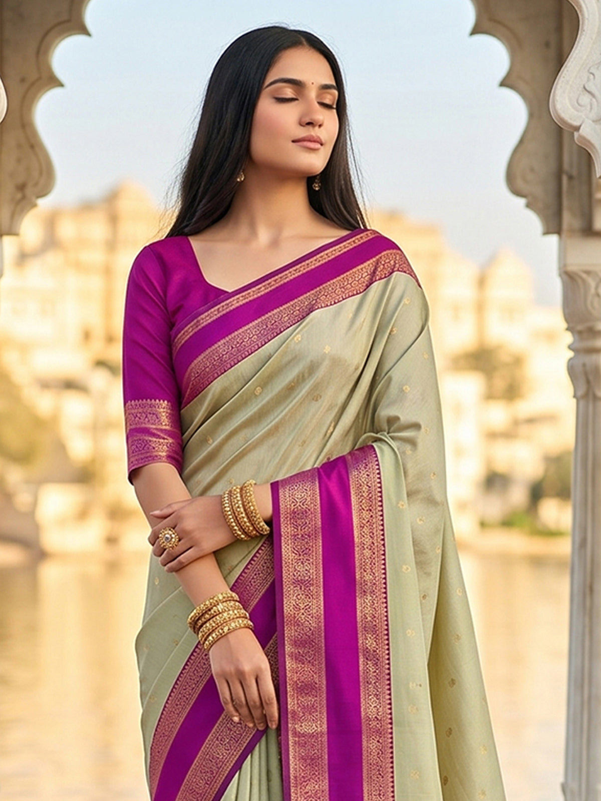 Graceful sage green soft silk saree with contrast magenta pallu