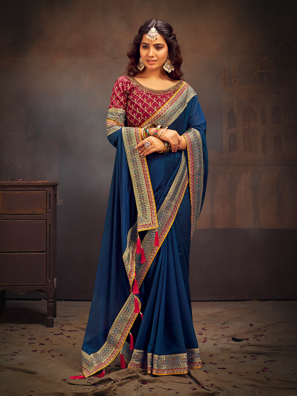 Navy blue embroidered banglori silk festive saree