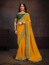 Yellow embroidered banglori silk festive occasion saree