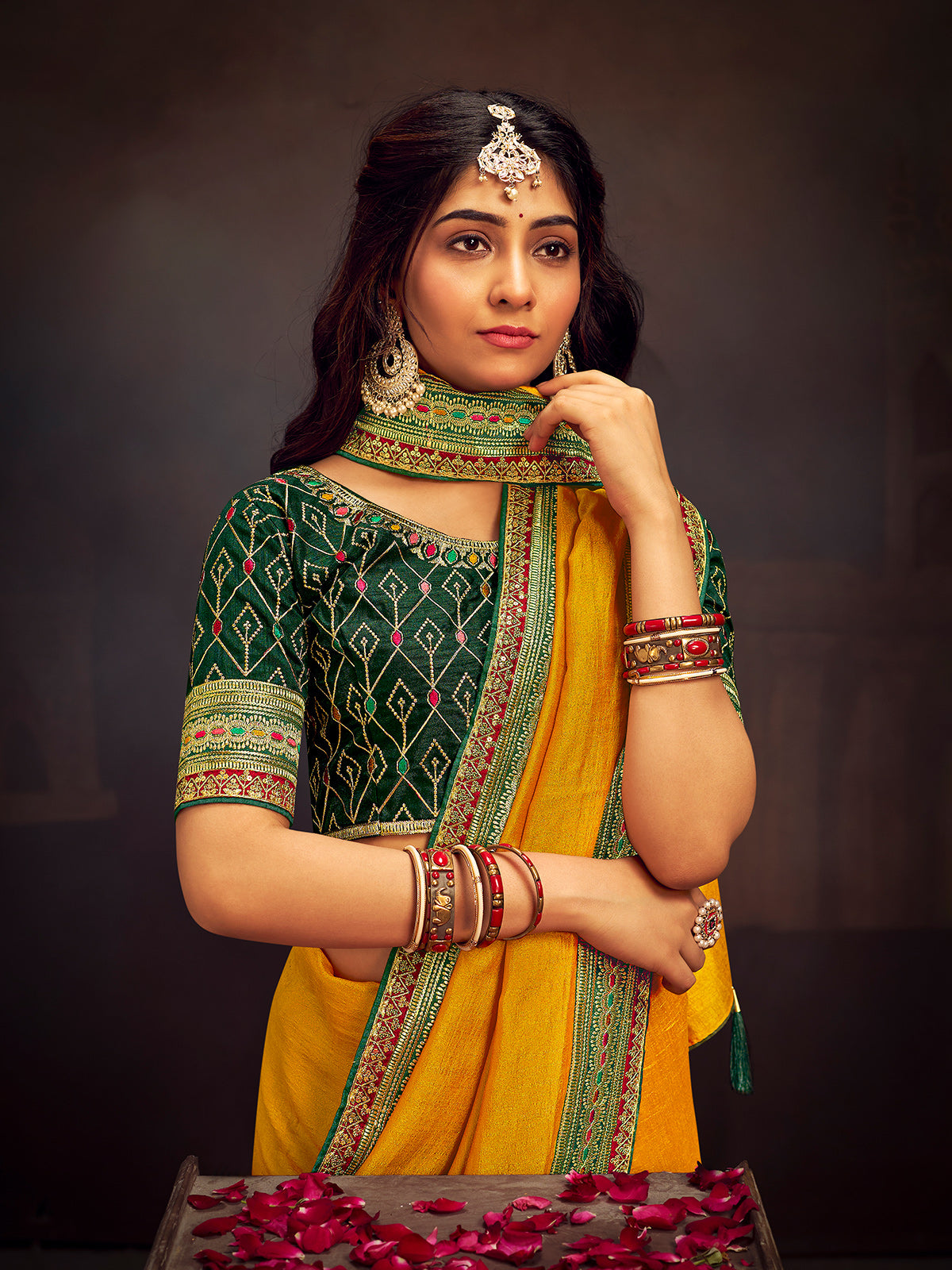Yellow embroidered banglori silk festive occasion saree