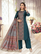 Peacock blue embroidered taffeta silk palazzo suit