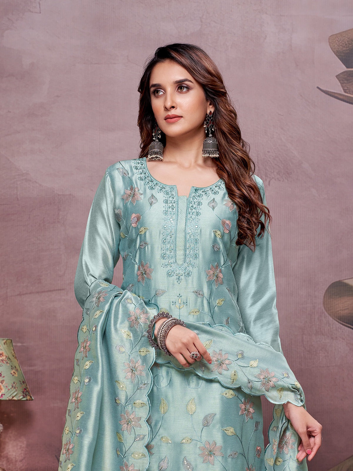 Sea green satin silk designer festive salwar suit