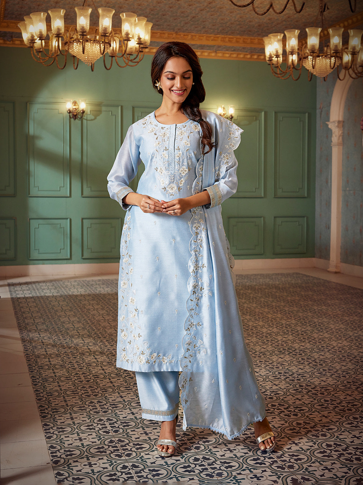 Pastel ice blue chanderi silk embroidered pant suit