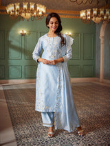 Pastel ice blue chanderi silk embroidered pant suit
