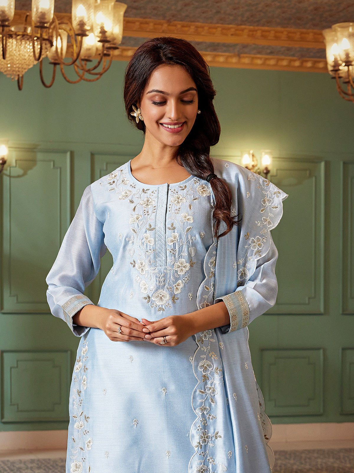Pastel ice blue chanderi silk embroidered pant suit