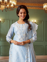 Pastel ice blue chanderi silk embroidered pant suit
