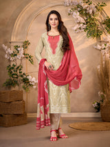 Light olive embroidered cotton linen festive salwar suit