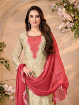Light olive embroidered cotton linen festive salwar suit