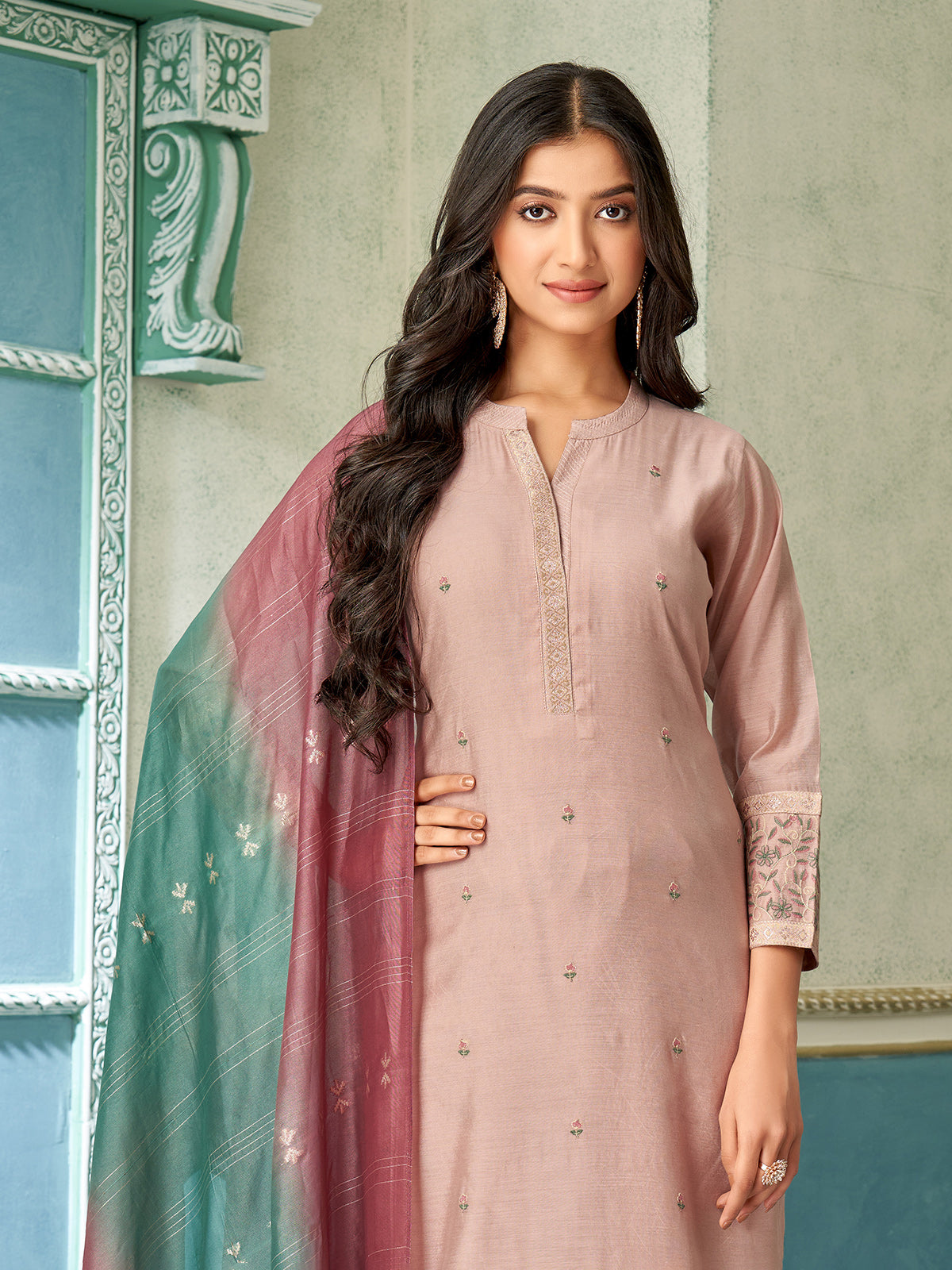 Dusty rose pink printed cotton silk salwar suit